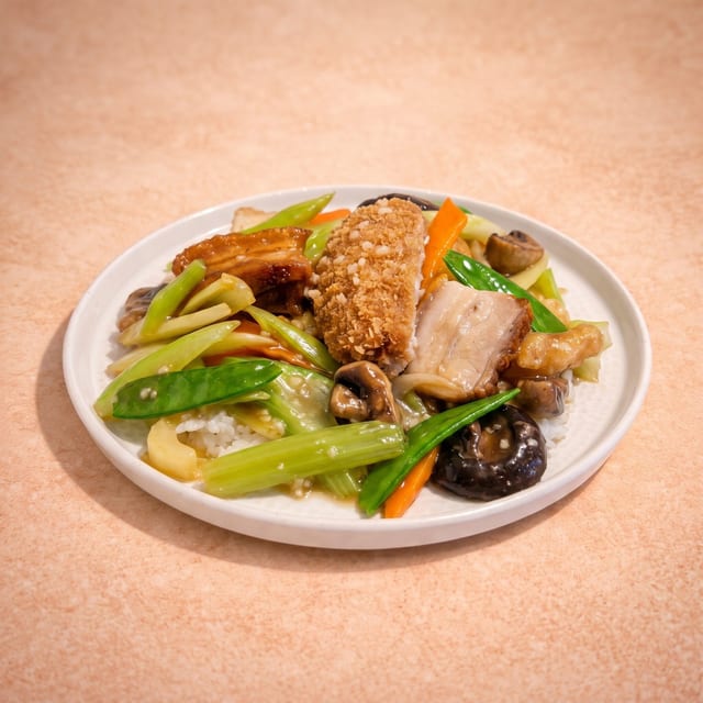 Cod Fillet & Roast Pork Over Steamed Rice (豆腐斑腩燴飯).