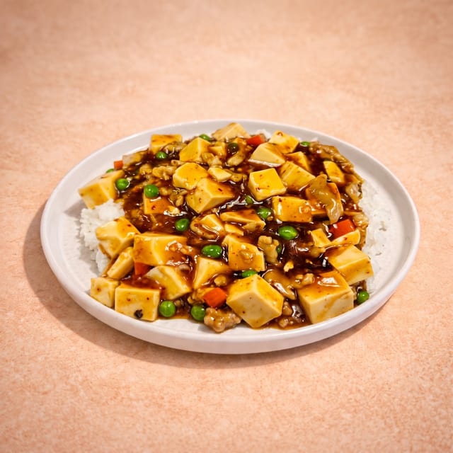 Ma Po Tofu Over Steamed Rice (麻婆豆腐燴飯).