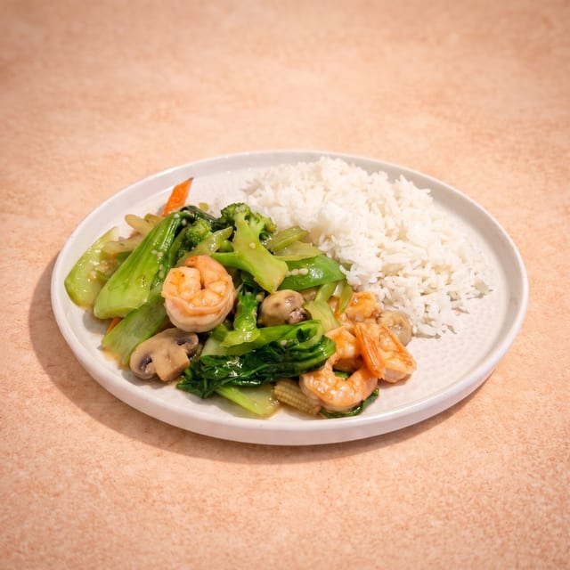 E16. Prawns w/ Mixed Vegetables (E-什菜蝦球).